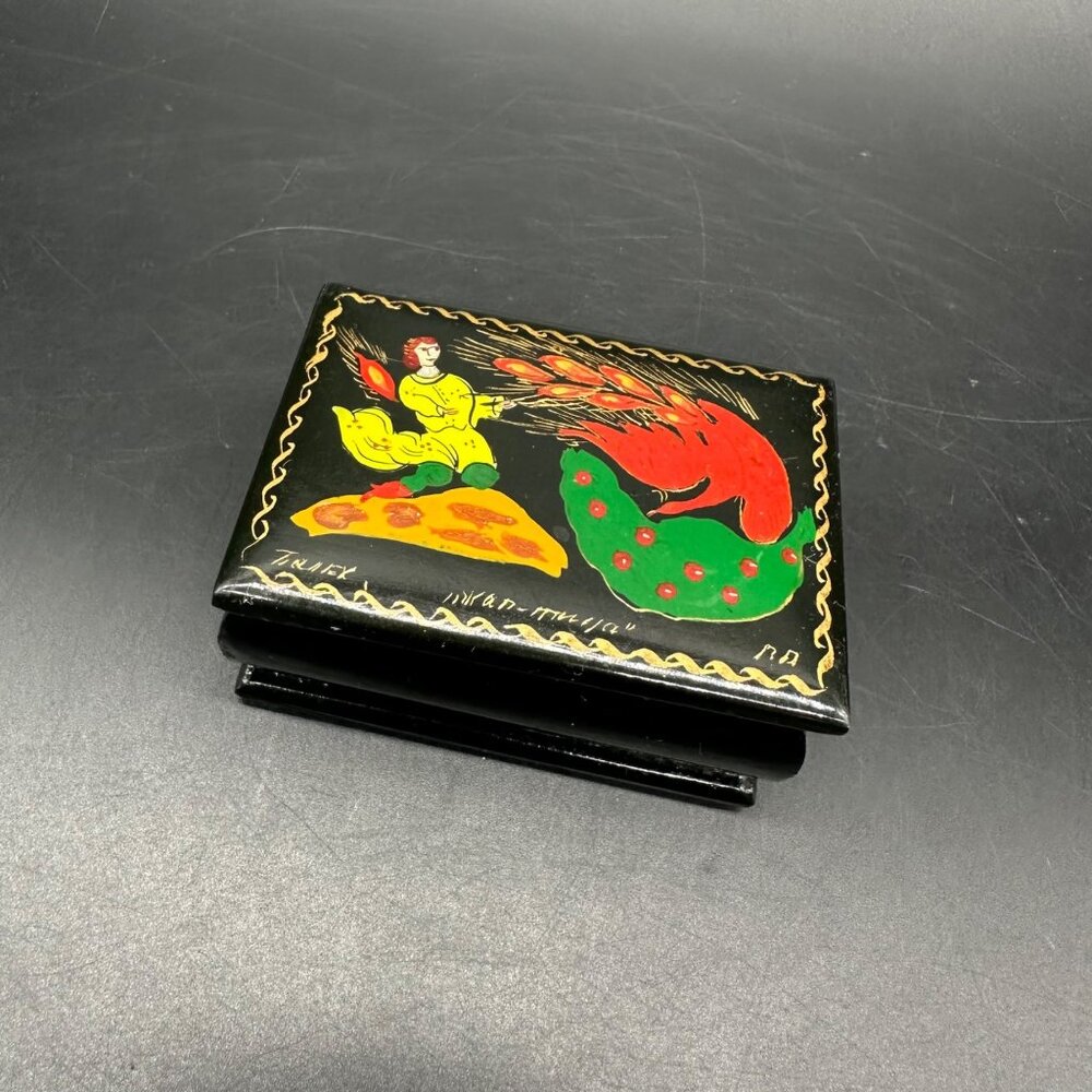 Vintage Russian Hand Painted Lacquerware Trinket Box Mythical Scene Red Interior